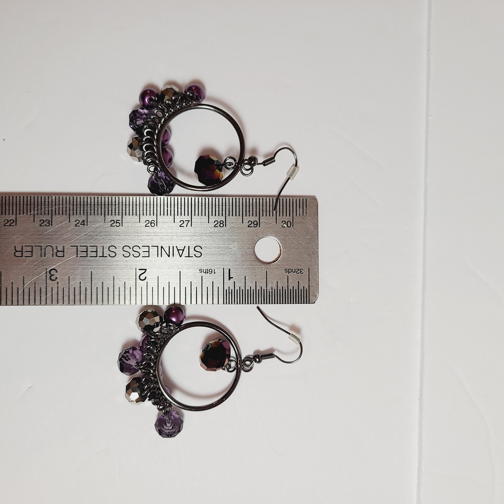 Purple & Gunmetal Beaded Hoop Dangle Earrings – Statement Boho Glam - Picture 4 of 4